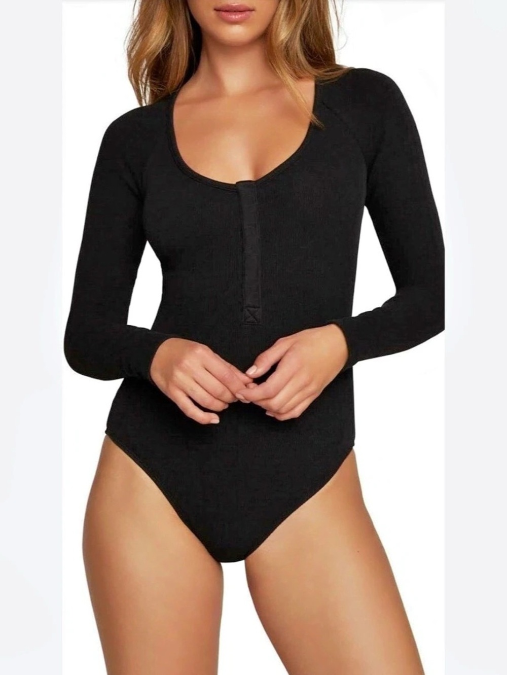 NWT $95 Good American Long Sleeve Ribbed Bodysuit in Black Size 2